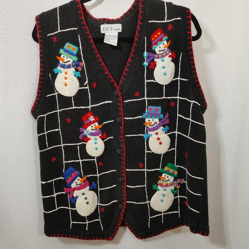 Christmas Sweater Vest B P Design Snowmen Black Knit Button Front Size L